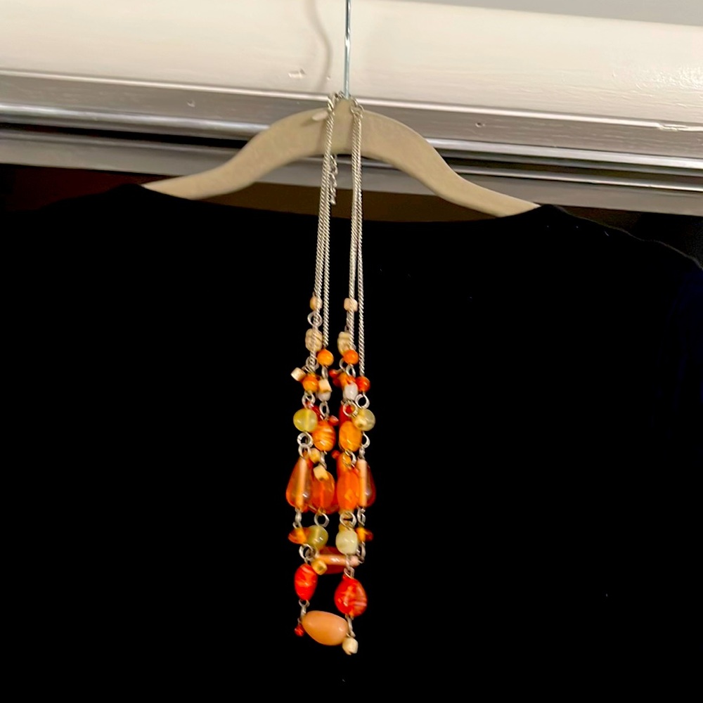 Women’s silver three strand necklace orange green and beige